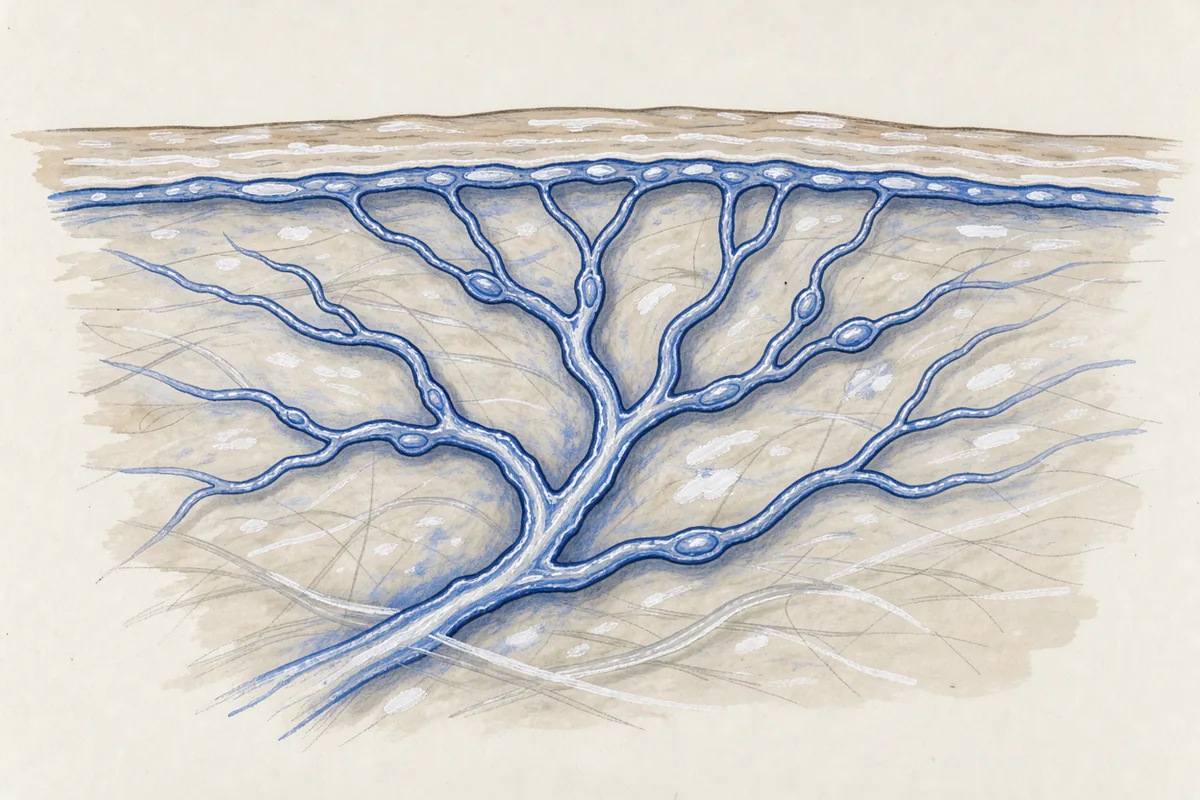Blue capillary branches extend beneath a pale illustrated skin surface