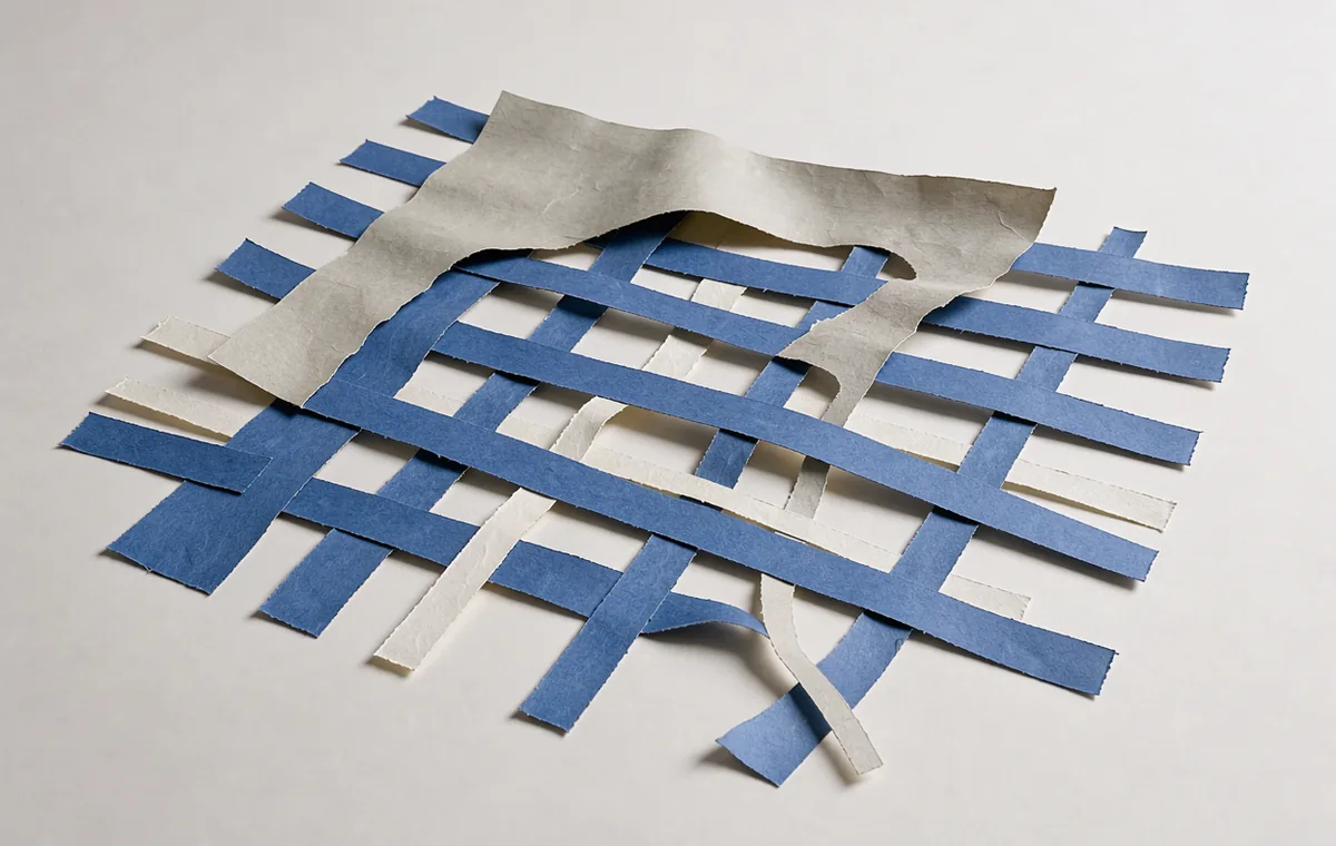 A pale paper sheet resting above interwoven blue and white paper ribbons