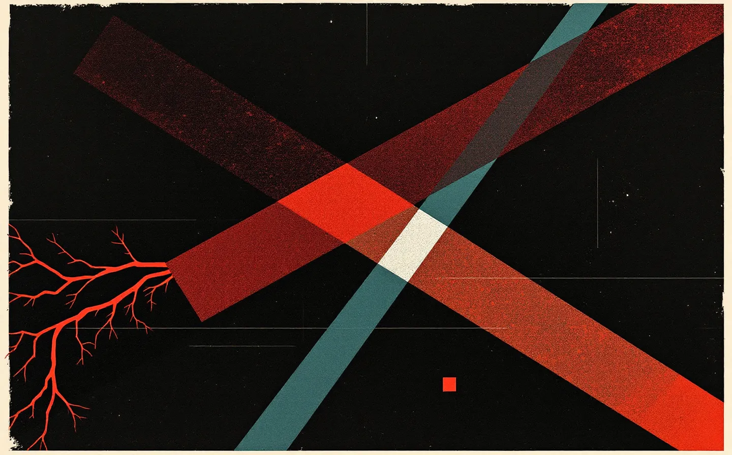 A flat constructivist composition of a red endothelial vascular-sprout motif meeting a teal signaling axis converging on a repair node, with a heavy red slab bar, on a deep ink ground