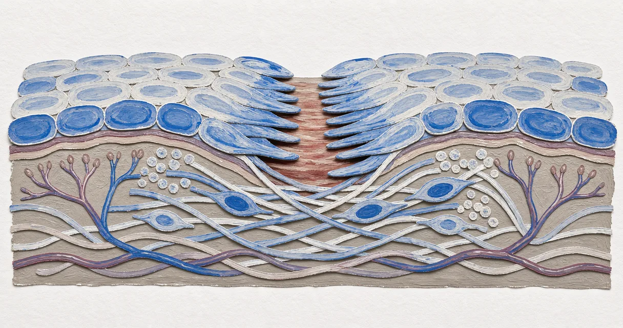 Painted cutaway of a skin wound with advancing surface cells, collagen strands and small blue vessels