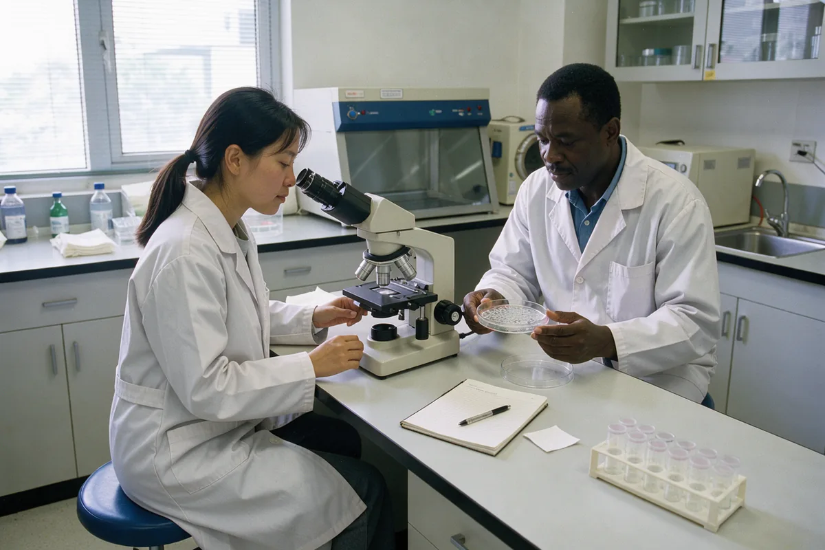 Two technicians examine a culture dish beside a microscope on a bright laboratory bench